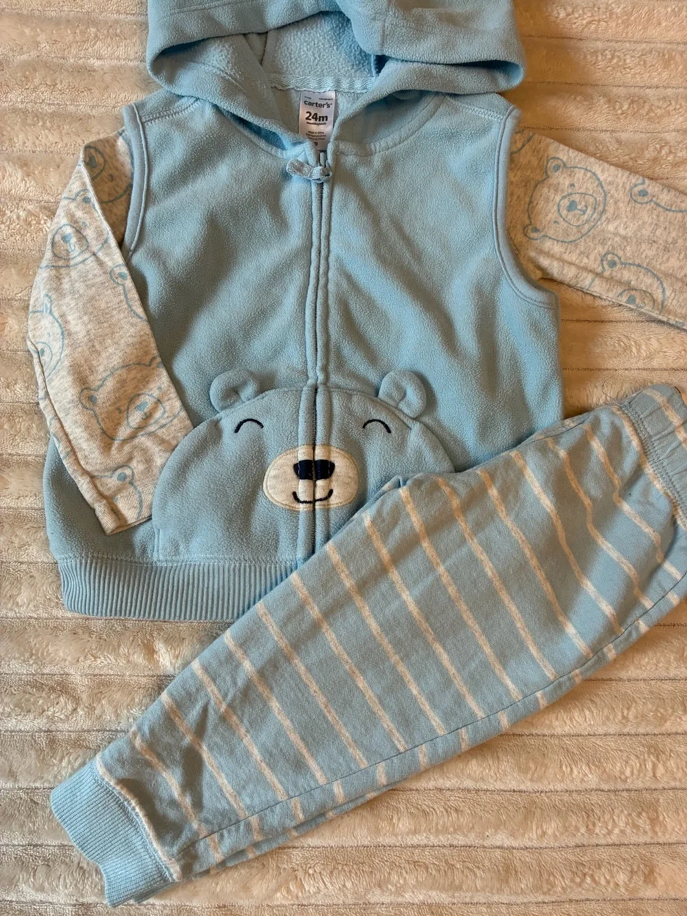 Carter’s 24M 3 Piece Outfit Teddy Bear Pocket Fleece Vest Gray Blue Fall Set